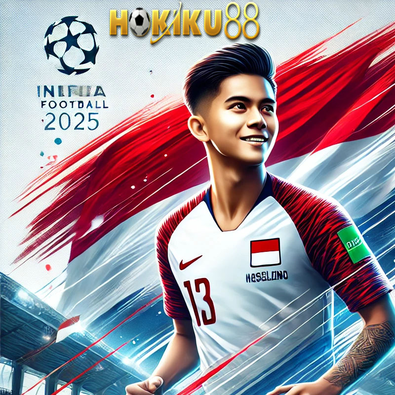 Marselino Ferdinan, gelandang muda Timnas Indonesia, dinobatkan FIFA sebagai salah satu dari 6 bintang AFC 2025 dengan latar bendera Indonesia dan logo Hokiku88