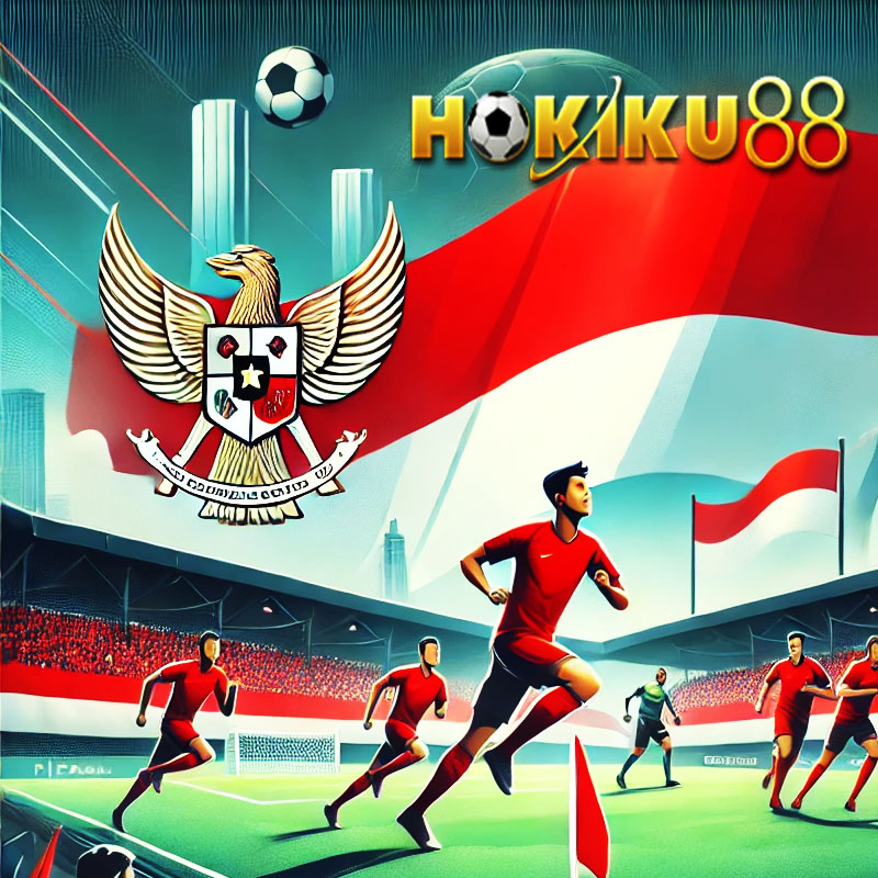 Ilustrasi Timnas Indonesia berlaga di Kualifikasi Piala Dunia FIFA 2026 dengan pemain berbaju merah, Garuda Pancasila, bendera Indonesia, dan logo Hokiku88