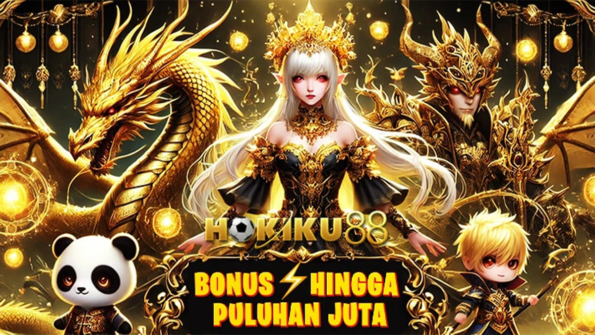 Ilustrasi fantasi penuh kemewahan dengan naga emas, karakter wanita bergaun emas, dan panda lucu, mempromosikan bonus hingga puluhan juta dari Hokiku88.