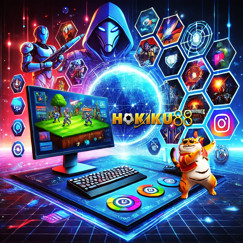 Ilustrasi platform gaming modern dengan antarmuka ramah pengguna, menampilkan berbagai genre permainan dengan ikon berwarna cerah di layar komputer dan ponsel.