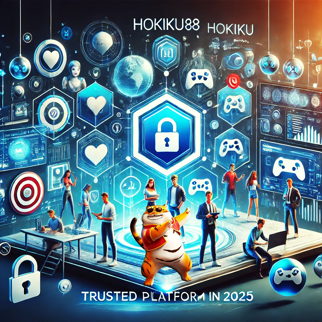 Ilustrasi futuristik platform hiburan digital HOKIKU88, menampilkan aktivitas bermain game, fitur sosial interaktif, dan desain antarmuka modern dengan simbol keamanan dan kepercayaan.