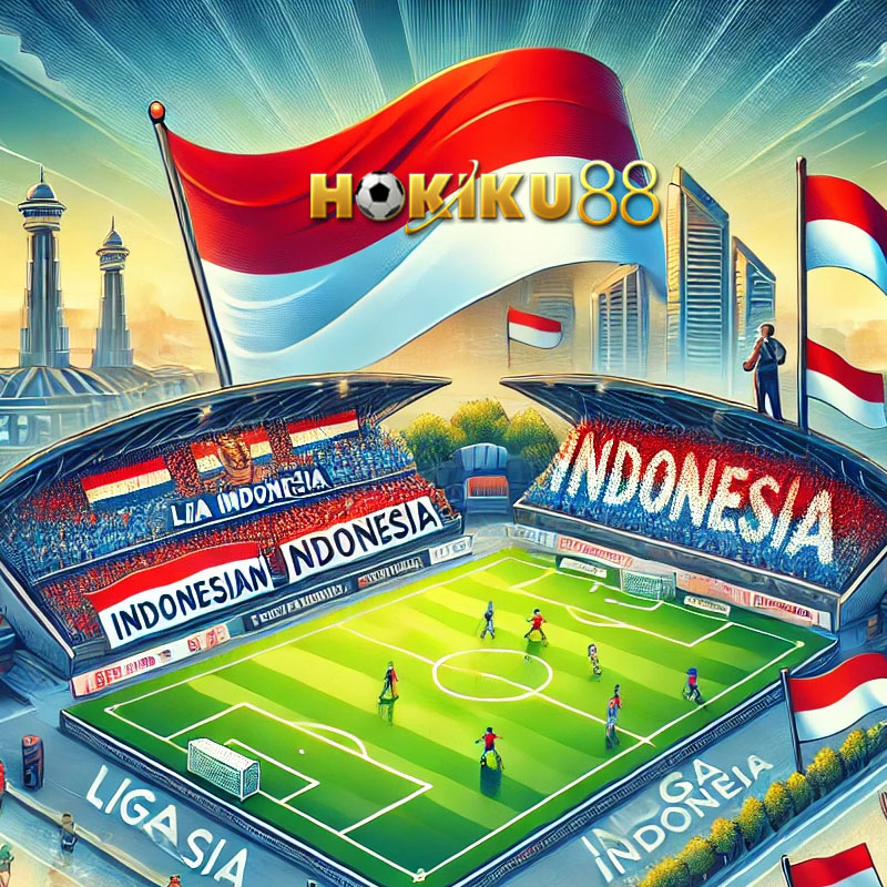 Stadion sepak bola modern dengan bendera Indonesia berkibar, menampilkan suasana pertandingan Liga Indonesia, dengan logo Hokiku88 di atas, melambangkan informasi sepak bola terkini