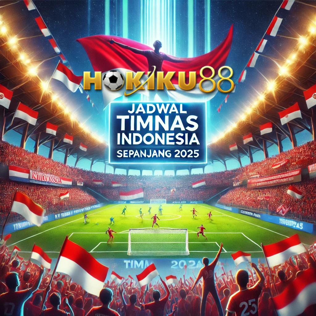 Ilustrasi jadwal Timnas Indonesia sepanjang tahun 2025 dengan stadion penuh penonton, bendera merah putih berkibar, dan logo Hokiku88