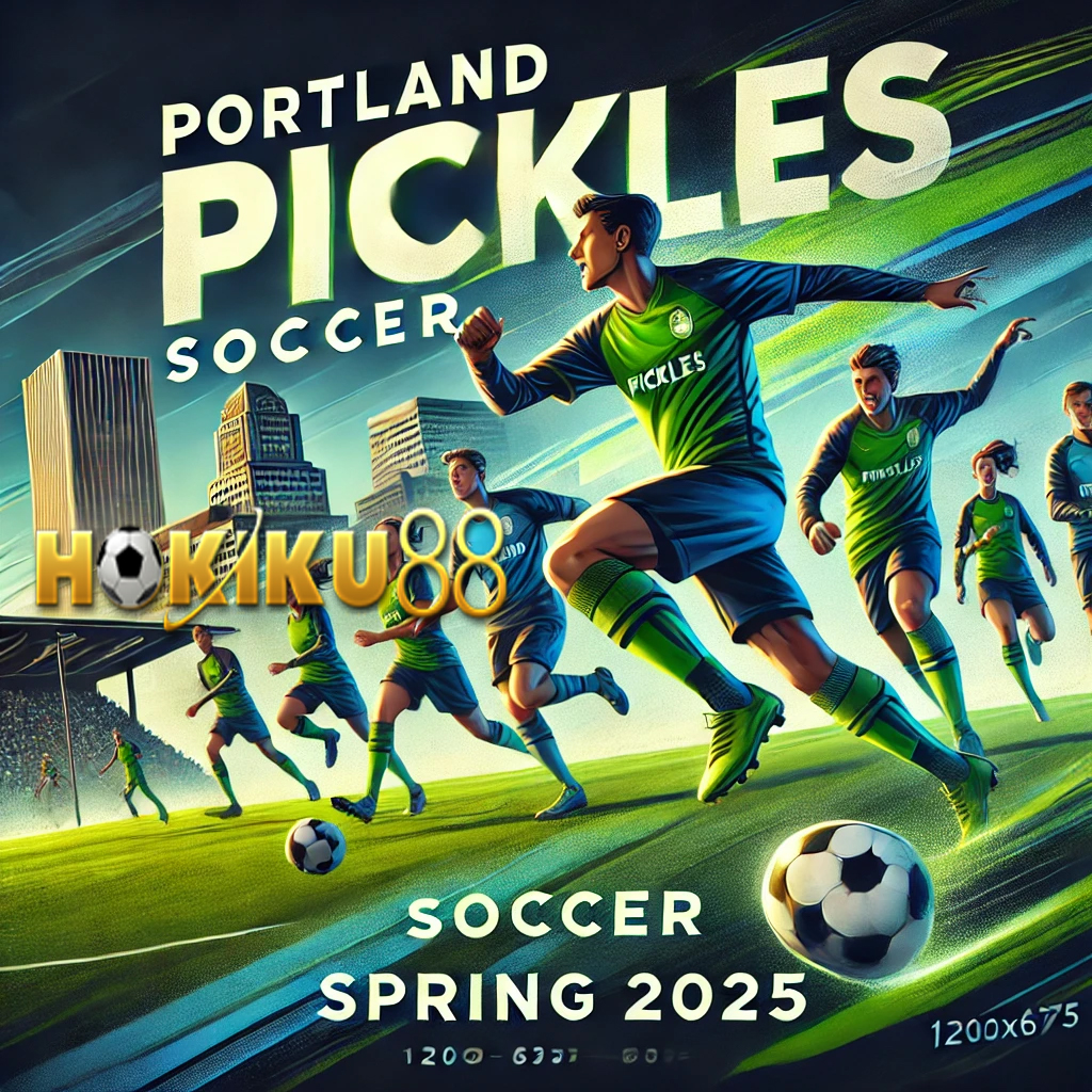 Poster promosi tim sepak bola baru Portland Pickles untuk musim semi 2025, menampilkan pemain dengan seragam hijau dan biru di stadion dengan latar belakang kota Portland dan logo Hokiku88