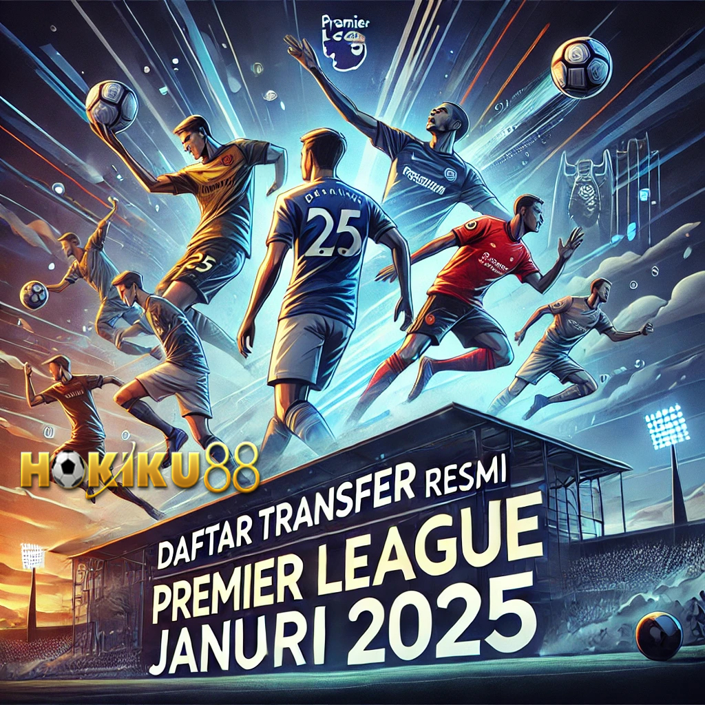 Ilustrasi transfer resmi Premier League Januari 2025 dengan visual pemain sepak bola dan stadion, disertai teks 'Daftar Transfer Resmi Premier League Januari 2025' dan logo Hokiku88