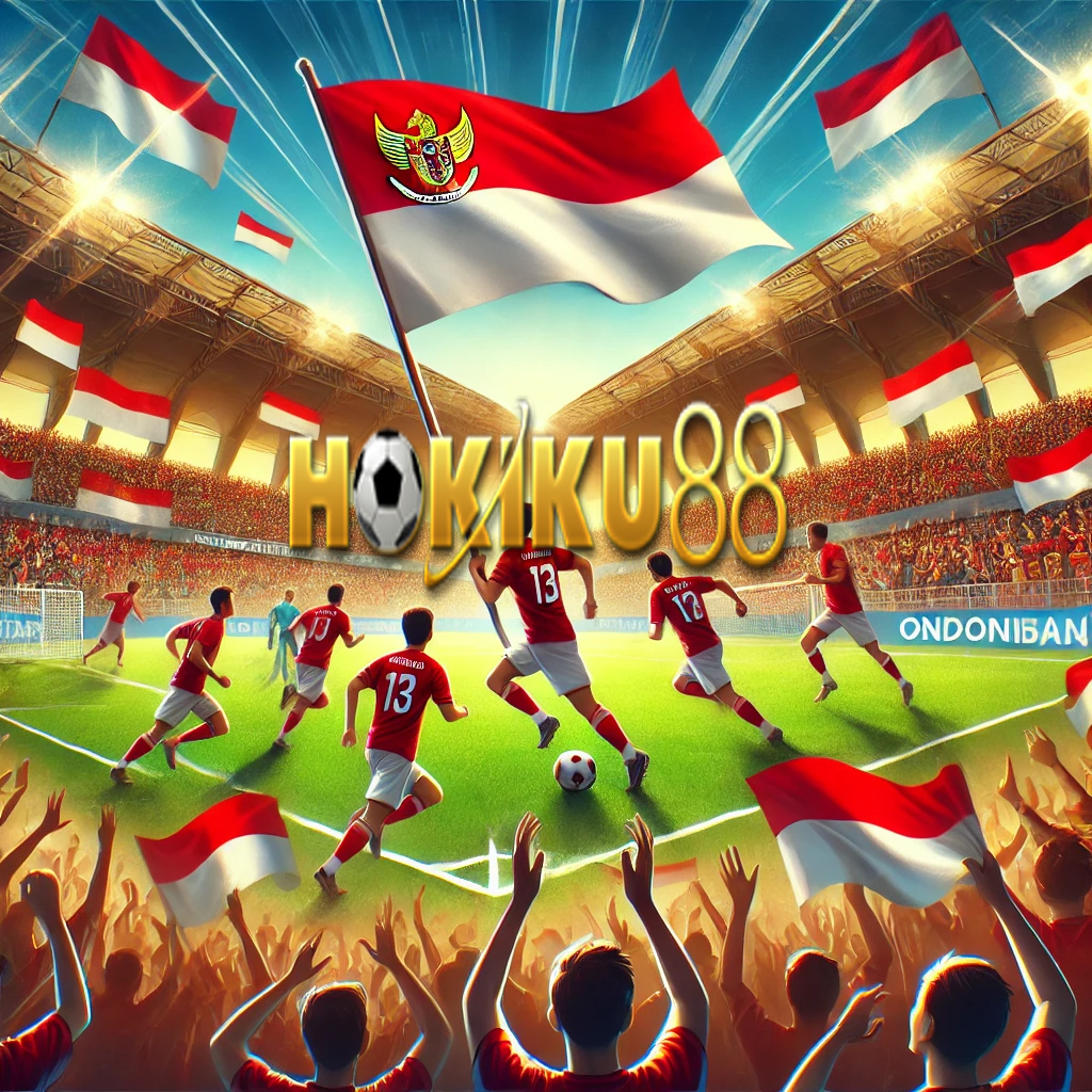 Ilustrasi Timnas Indonesia bermain sepak bola di stadion besar dengan atmosfer meriah, suporter mengibarkan bendera merah putih, dan logo Hokiku88 terlihat di tengah suasana pertandingan