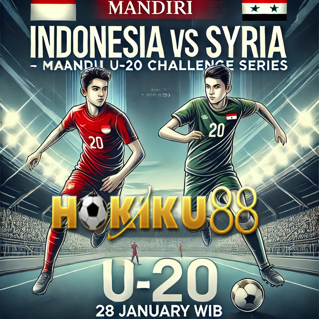 Poster pertandingan Indonesia U-20 vs Suriah U-20 di Mandiri U-20 Challenge Series, dengan logo Hokiku88, pemain sepak bola dari kedua tim, dan informasi jadwal pada 28 Januari 2025 pukul 19:30 WIB."