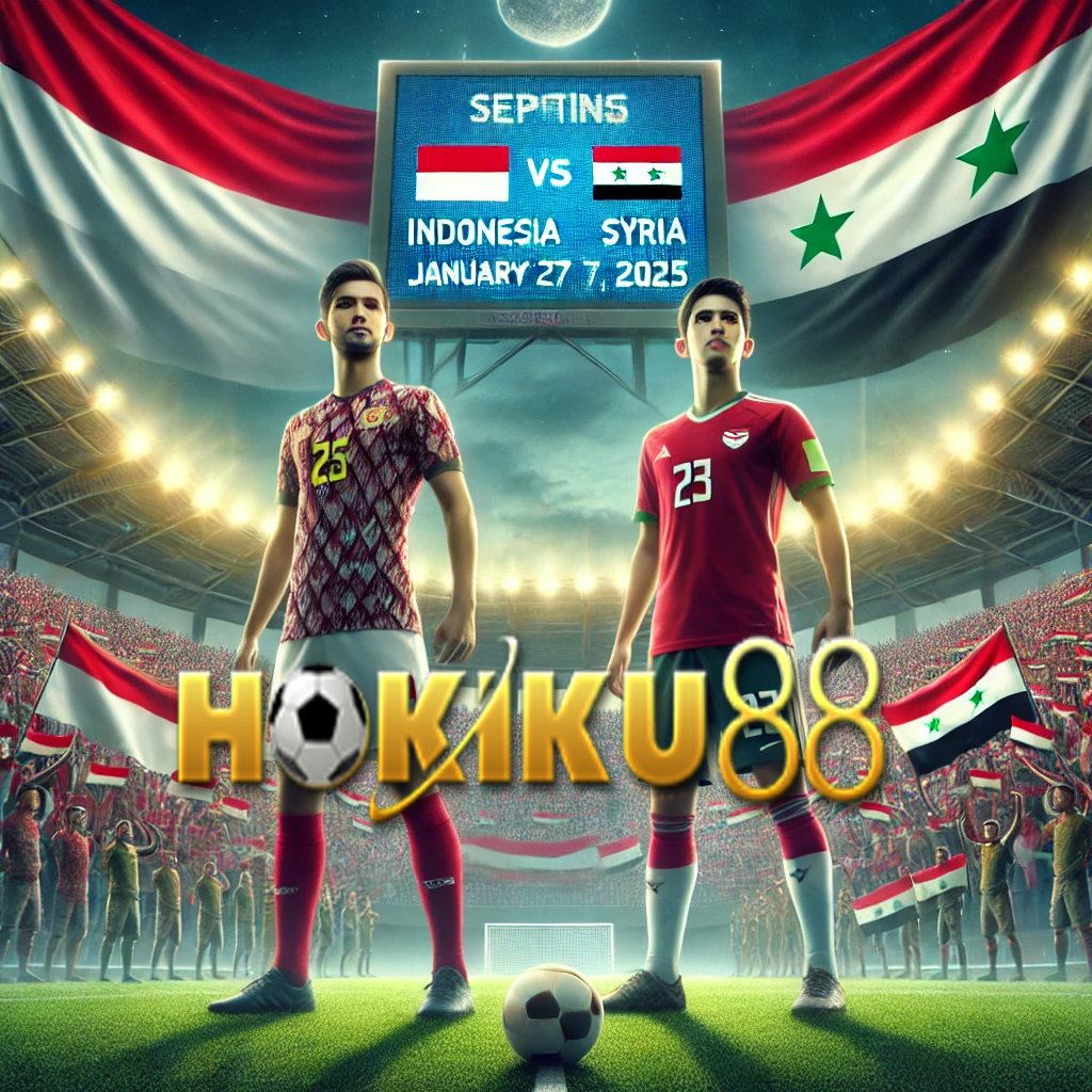 Pertandingan Timnas U-20 Indonesia vs Suriah pada 27 Januari 2025 dengan latar stadion penuh suporter. Dua pemain dari masing-masing tim berdiri di lapangan, dengan skor pertandingan tertera di layar besar. Logo Hokiku88 terlihat di bagian depan