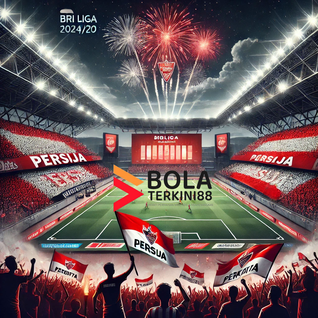 Stadion megah dengan suporter Persija Jakarta yang memenuhi tribun, merayakan kemenangan dengan kembang api dalam laga BRI Liga 1 2024/2025, didukung oleh BolaTerkini88.