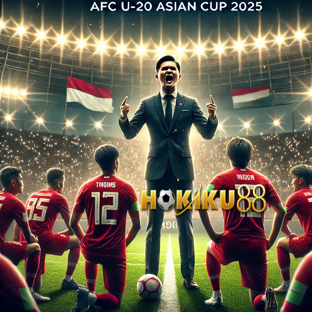 Erick Thohir memotivasi Timnas Indonesia U-20 di Stadion yang penuh semangat, bersiap menghadapi Piala Asia U-20 2025 dengan tekad juara. Para pemain berlutut mendengarkan arahan di tengah sorakan suporter dan kibaran bendera Merah Putih