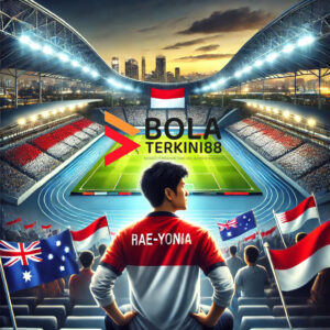 Seorang pria mengenakan jersey merah putih bertuliskan 'RAE-YONIA' menyaksikan pertandingan sepak bola di stadion besar dengan bendera Indonesia, Australia, dan Bahrain berkibar di tribun. Logo 'Bola Terkini88' tampak jelas di tengah gambar, mencerminkan berita sepak bola terbaru.