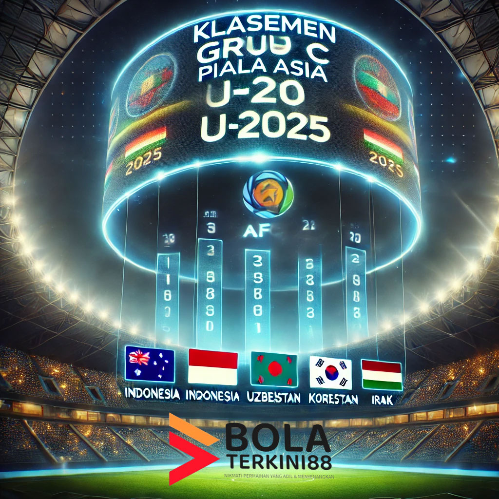 Tampilan digital klasemen Grup C Piala Asia U-20 2025 di stadion megah dengan Indonesia, Uzbekistan, Korea Selatan, dan Irak dalam peringkat mereka