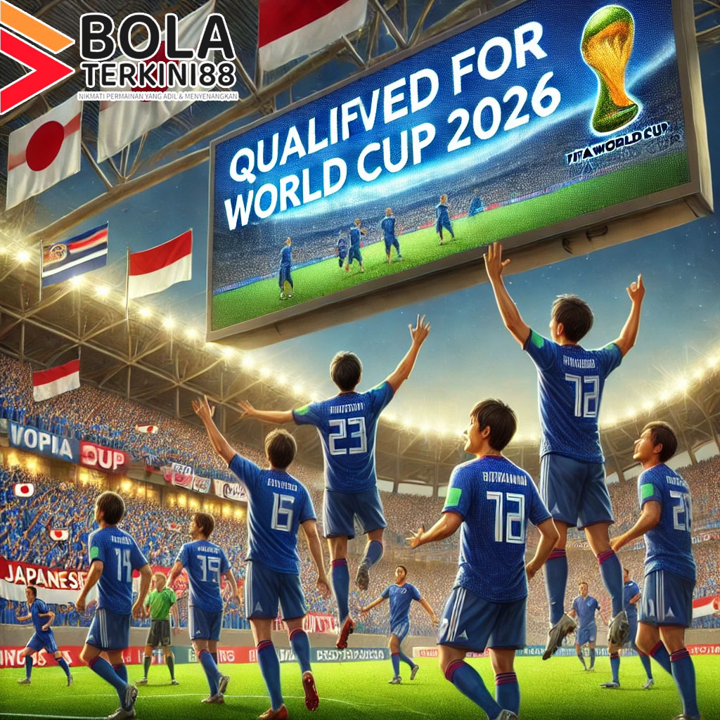 Timnas Jepang merayakan kelolosan ke Piala Dunia 2026 dengan pemain bersorak di stadion yang penuh suporter. Layar besar menampilkan tulisan 'Qualified for World Cup 2026', sementara bendera Jepang dan Indonesia berkibar di sekitar stadion.