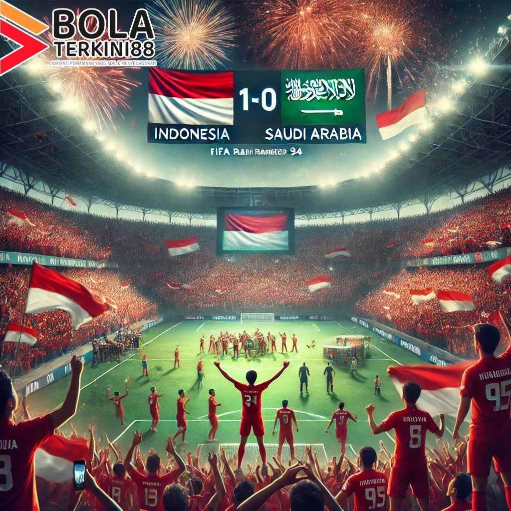 Timnas Indonesia merayakan kemenangan 1-0 atas Arab Saudi di stadion yang penuh sesak dengan suporter. Layar besar menampilkan skor akhir dan peringkat FIFA terbaru Indonesia, yakni posisi ke-94 dunia.