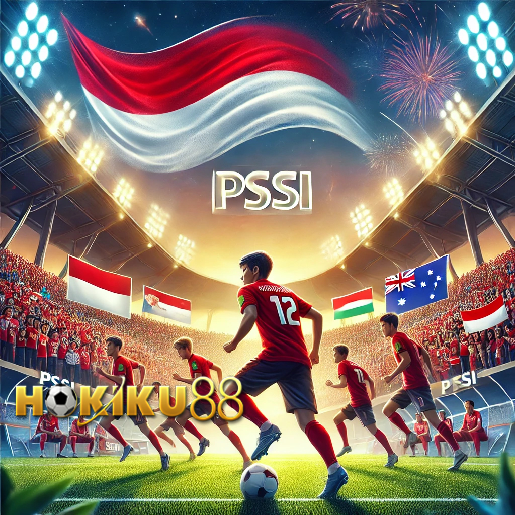 Ilustrasi pertandingan Timnas Indonesia di Kualifikasi Piala Dunia 2026 dengan dukungan PSSI dan sponsor Hokiku88, melawan Australia dan Bahrain dalam atmosfer stadion yang penuh semangat