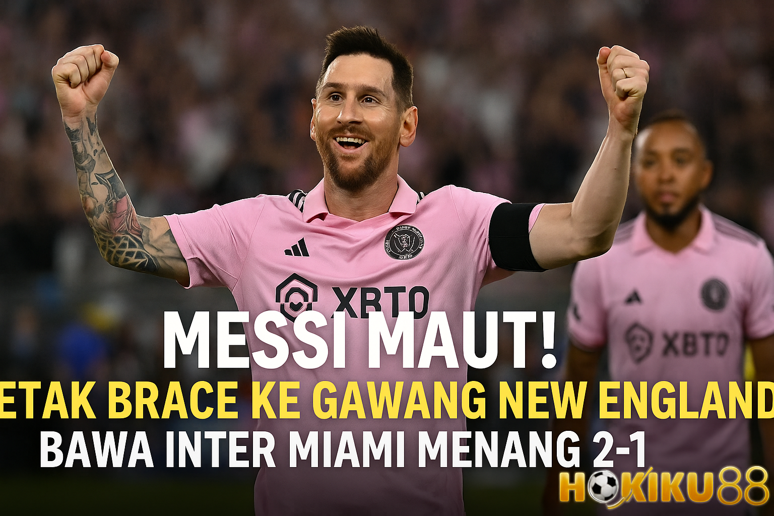 Lionel Messi merayakan gol dengan selebrasi ikonik usai mencetak brace dalam kemenangan Inter Miami 2-1 atas New England, eksklusif dari Hokiku88.