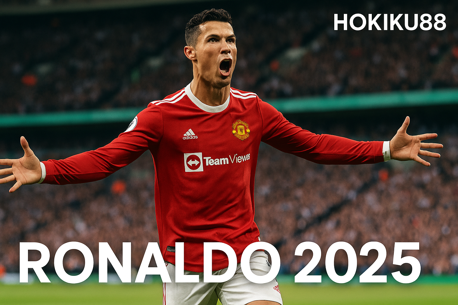 Cristiano Ronaldo 2025 merayakan gol dengan selebrasi ikonik di lapangan, mengenakan jersey merah, dengan latar stadion penuh penonton, dilabeli Hokiku88.