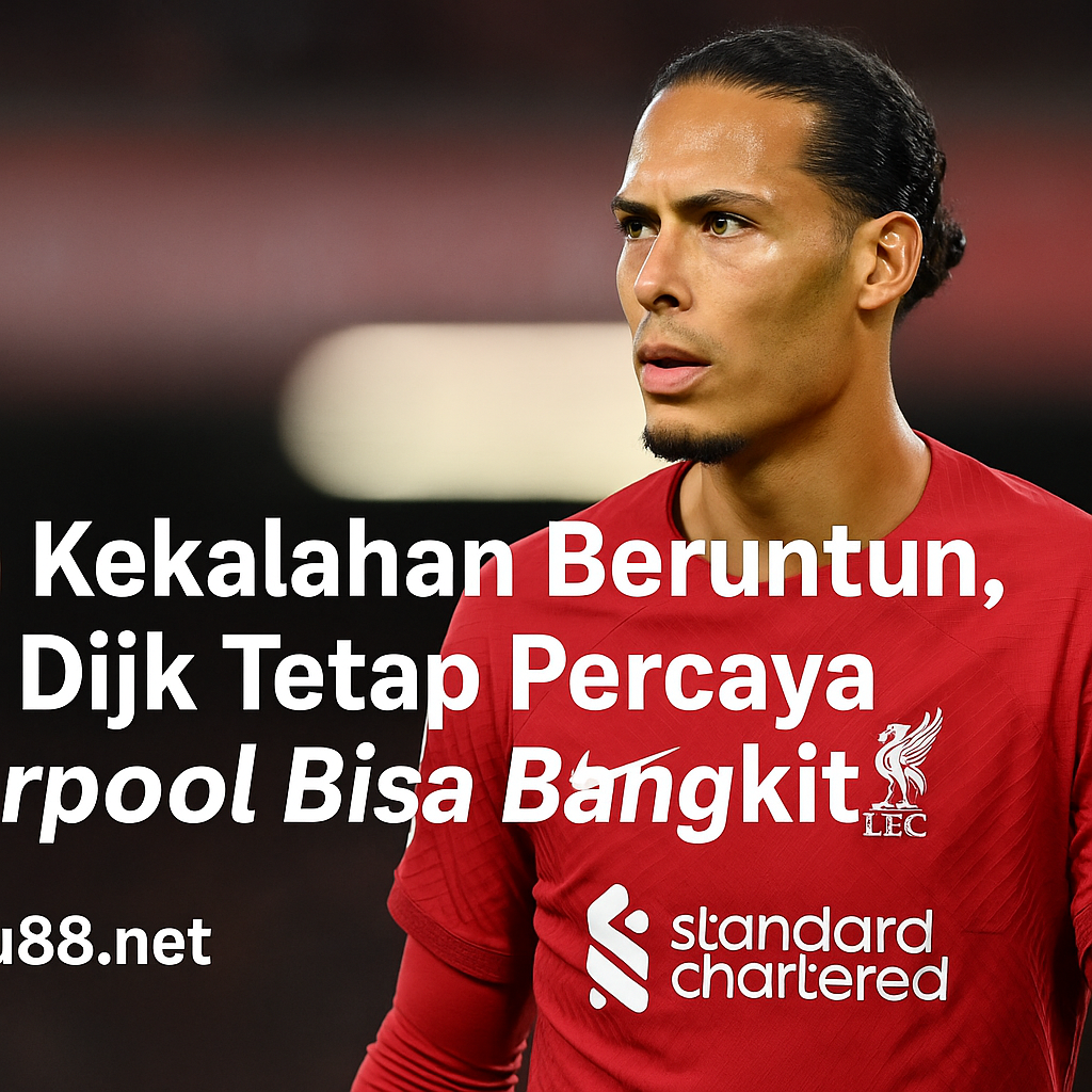 Virgil van Dijk berdiri tegas di Anfield malam hari dengan ekspresi penuh keyakinan memimpin Liverpool bangkit setelah tiga kekalahan beruntun bersama Hokiku88.