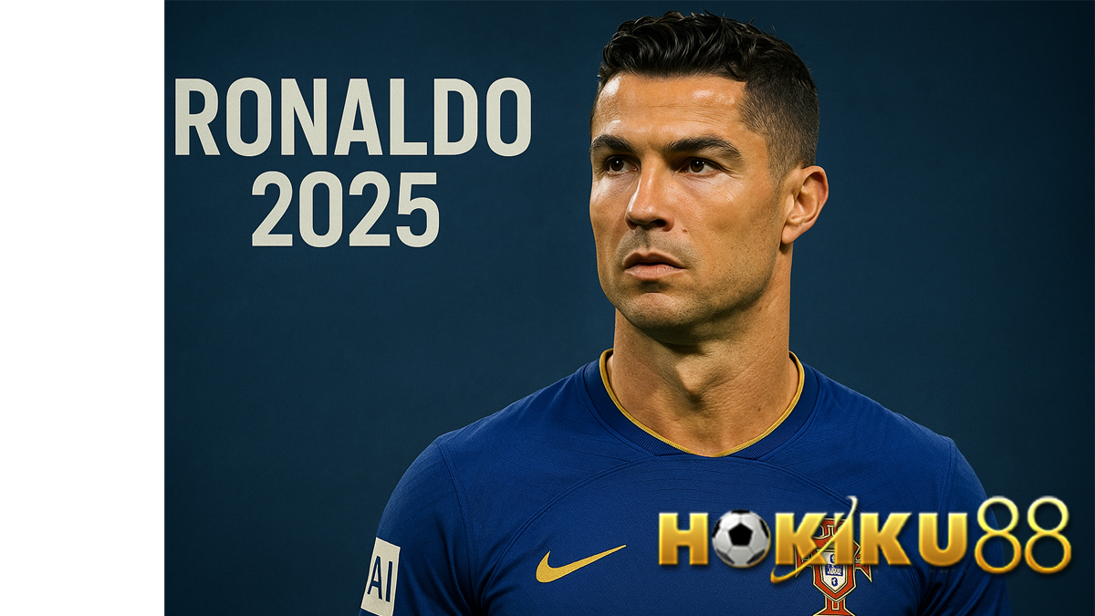 Cristiano Ronaldo 2025 merayakan gol dengan selebrasi ikonik di lapangan, mengenakan jersey merah, dengan latar stadion penuh penonton, dilabeli Hokiku88.