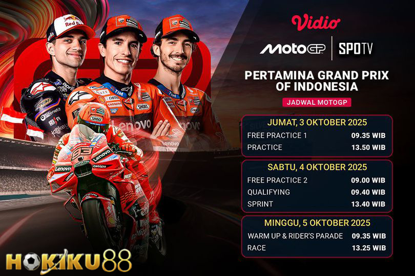 Jadwal lengkap MotoGP 2025 Pertamina Grand Prix of Indonesia di Mandalika bersama Hokiku88 – Free Practice, Qualifying, Sprint, hingga Race.